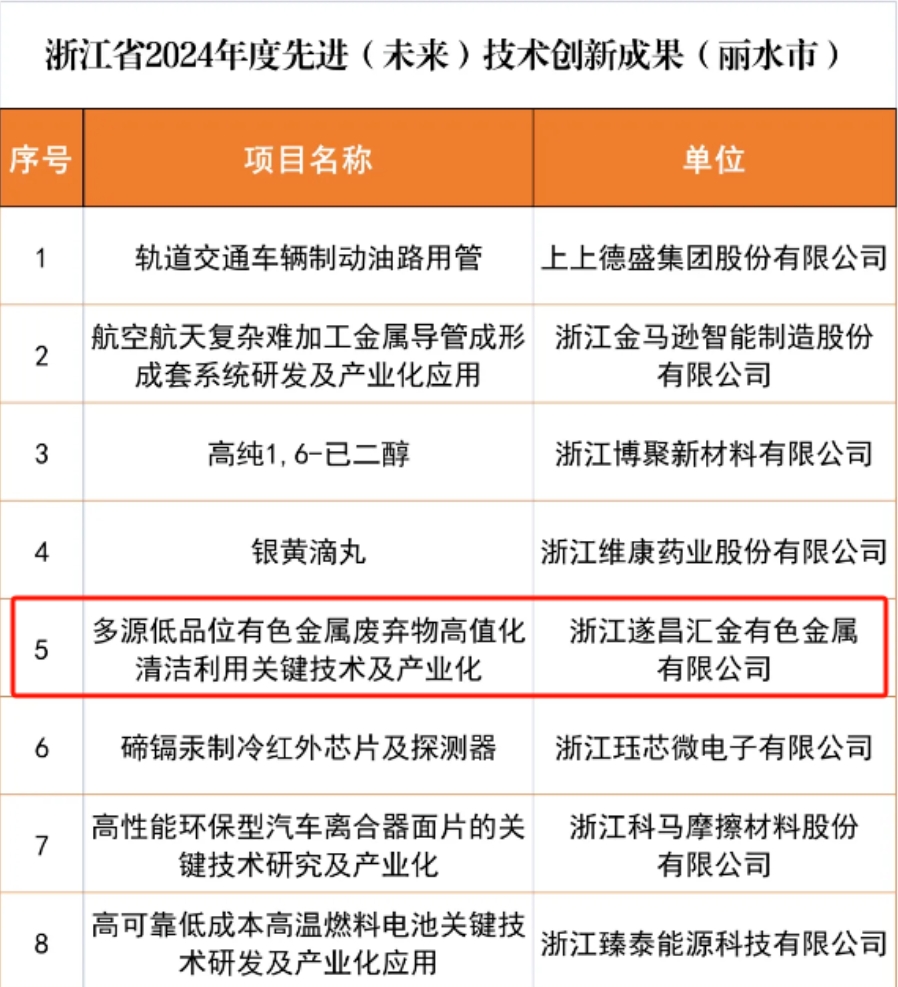 遂昌汇金成功入选浙江省2024年度先进（未来）技术创新成果”名单